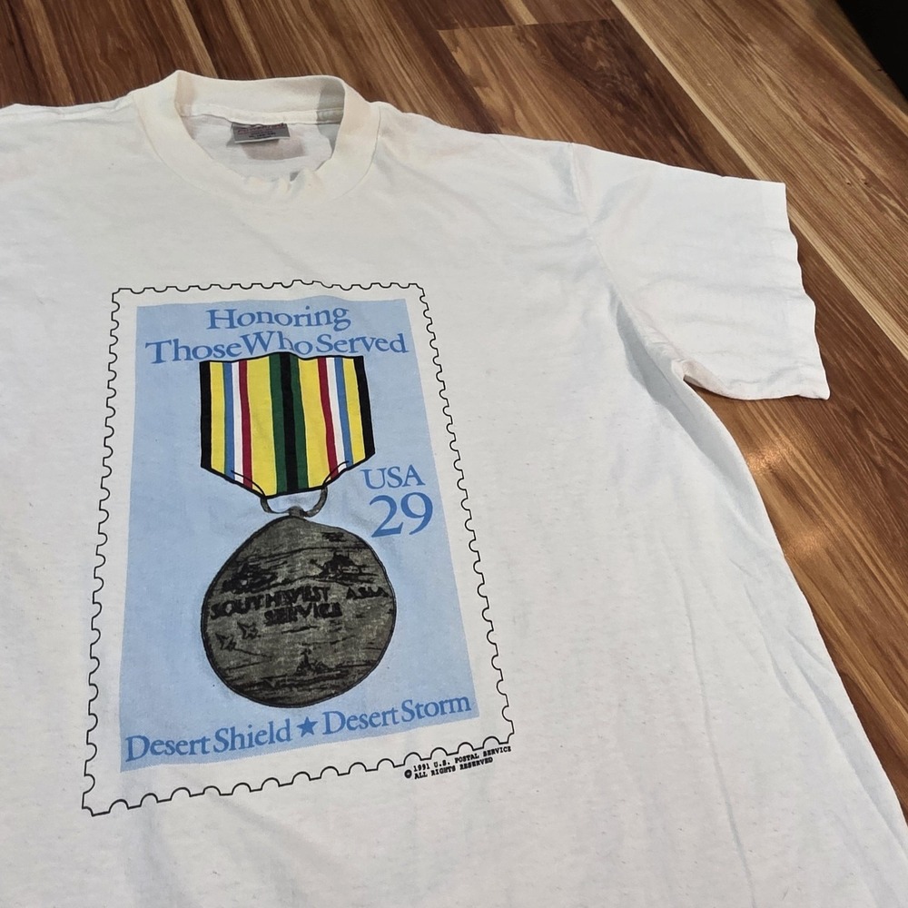Vintage Desert Shield Desert Storm USA 29 Stamp Shirt Mens XL White Oneita 1991
